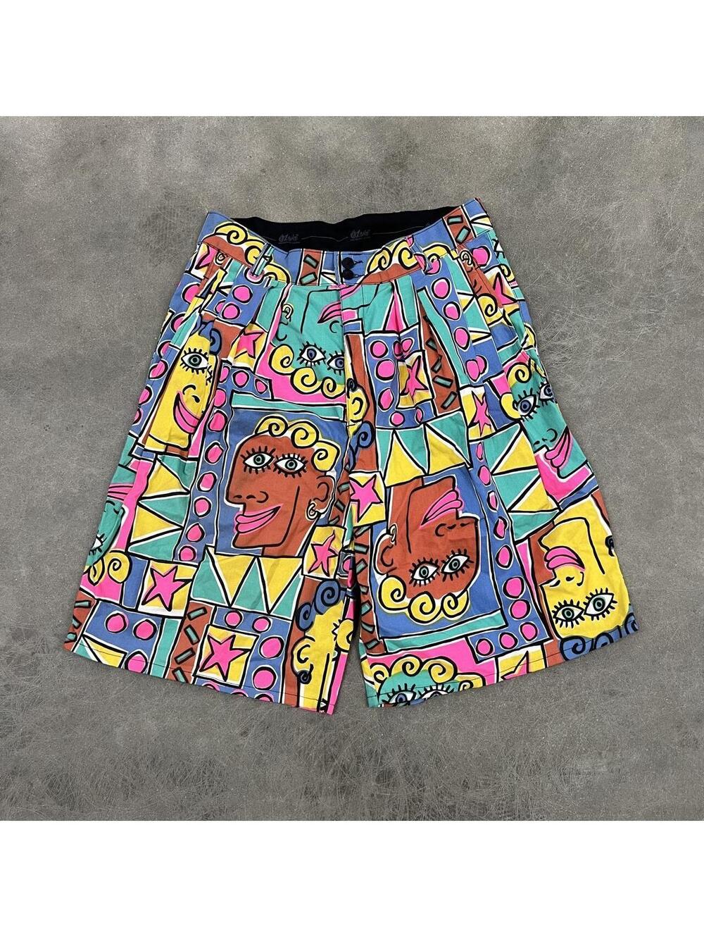 Vintage 80s Pleated Ozone Shorts with multicolored graphic faces geometric shape